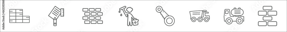 Poster outline set of construction line icons. linear vector icons such as constructing a brick wall, measu