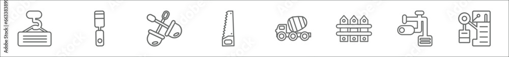 Poster outline set of construction line icons. linear vector icons such as derrick with load, chisel, two s