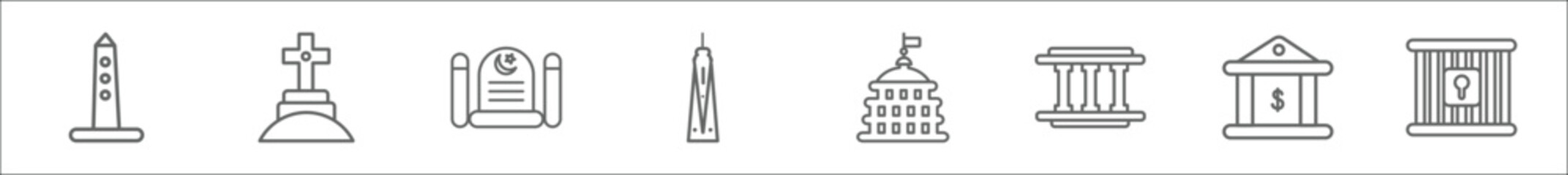 outline set of buildings line icons. linear vector icons such as washington monument, christian cemetery, islamic cemetery, trade center, goverment building, lincoln memorial, reserve bank, prison