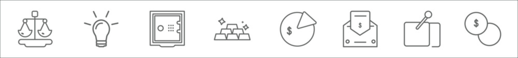 outline set of business line icons. linear vector icons such as punishment, round light bulb, big safe, stack of gold, pie chart with dollar, envelope with money inside, post it, currencies