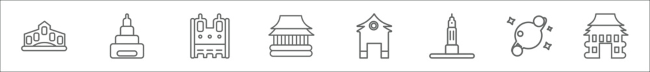 outline set of buildings line icons. linear vector icons such as rialto bridge, buddist cemetery, notre dame, chinese temple, pagoda, state building, space, buddhist temple