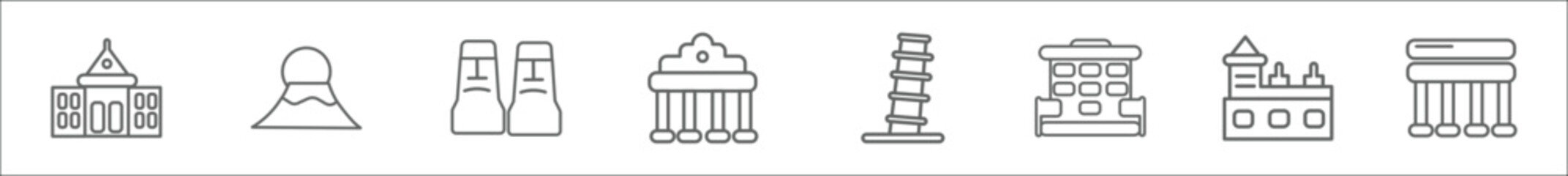 outline set of buildings line icons. linear vector icons such as embassy, fuji mountain, rapa nui, brandenburg gate, pisa tower, uno building, charles bridge, greece - obrazy, fototapety, plakaty