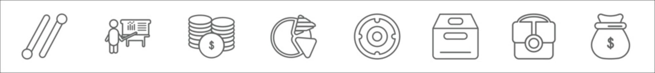 outline set of business line icons. linear vector icons such as lines, graphic panel and man, stacks of coins, pie chart statistics, target, empty box, business briefcase, money sack