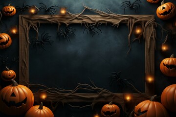 Party invitation or banner Halloween theme with clouds, bats, pumpkins