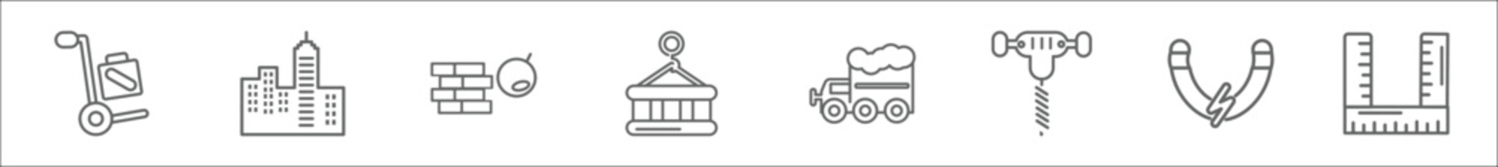 outline set of construction line icons. linear vector icons such as trolley with cargo, , demolition, derrick with pallet, little snowplow, pickaxes drilling, inclined magnet, angle ruler