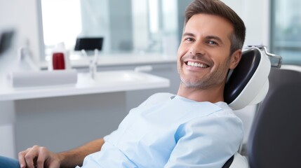 Perfect smile. Portrait of happy patient in dental chair. Man with a white smile - obrazy, fototapety, plakaty