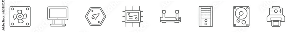 Poster outline set of hardware line icons. linear vector icons such as computer fan, laptop screen, mouse p