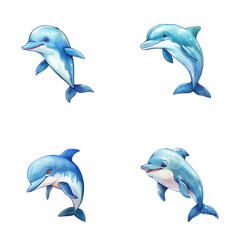 set of happy cute dolphin watercolor illustrations for printing on baby clothes, pattern, sticker, postcards, print, fabric, and books