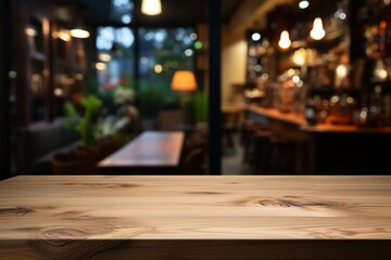 Fototapeta premium Product display space empty wooden table in a cozy coffee shop