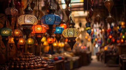 Naklejka premium Shop of oriental Turkish lanterns. Generation AI