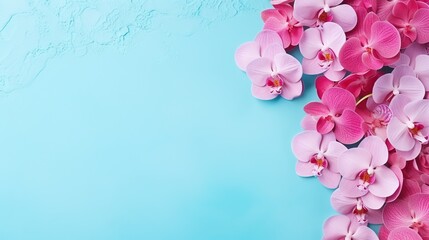 pink orchids on a blue background with space for text.  generative ai
