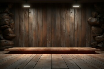 Product stand on a wooden stage, wall, and floor background