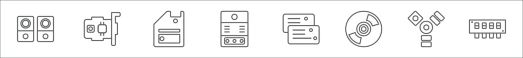 outline set of hardware line icons. linear vector icons such as two stereo speakers, gpu, floppy disk upside down, computer case, flash card, cd room, firewire, random access memory