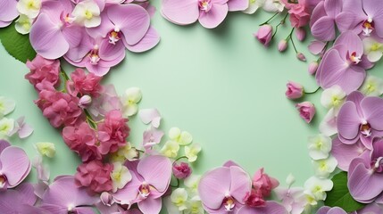  pink and white orchids on a green background with space for text.  generative ai