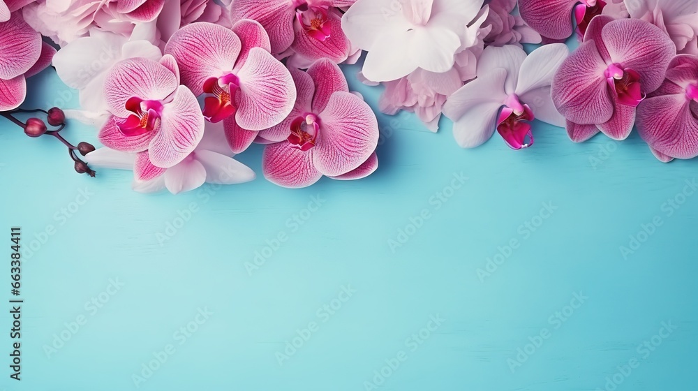Poster pink orchids on a blue background with space for text. generative ai
