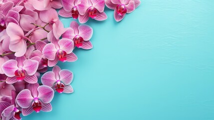  a bunch of pink orchids on a blue background with space for text.  generative ai