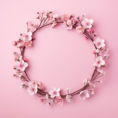Obraz na płótnie Canvas Round wreath of pink cherry flowers on pink background. Top view