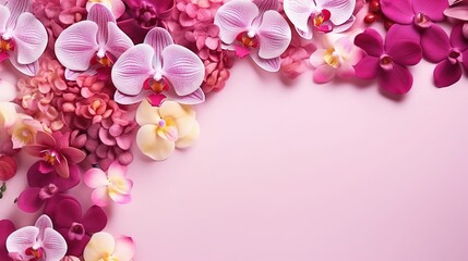  a bunch of flowers that are on a pink surface with a white background.  generative ai