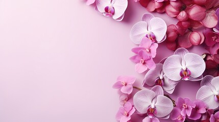  pink and white orchids on a pink background with space for text.  generative ai