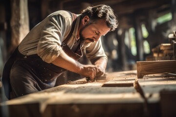 Artisan's Expertise: Skilled Carpenter Focuses on Precise Woodwork in Workshop