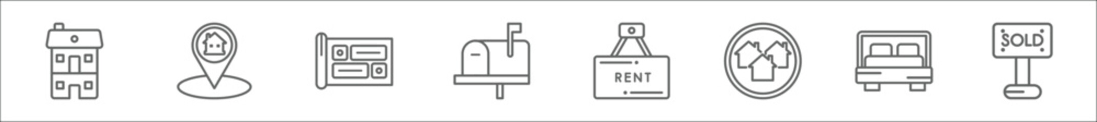 outline set of real estate line icons. linear vector icons such as duplex, real state, blueprint, mailbox, rent, houses, bedroom, sold