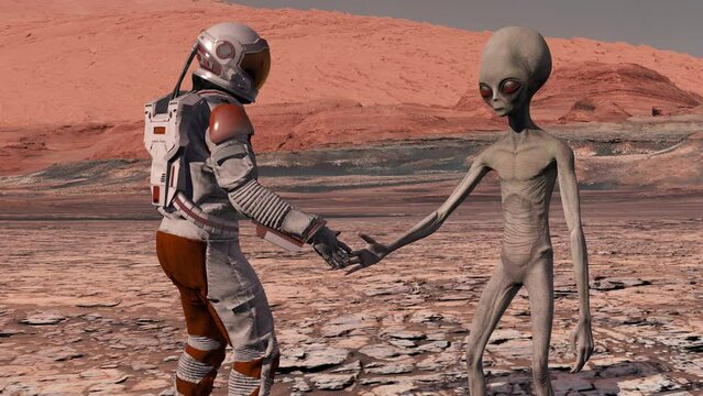 Astronaut meets a Martian alien on Mars and shakes his hand. First contact. Alien on Mars. Colonization and space exploration concept. 3d rendering. Elements of this video furnished by NASA.