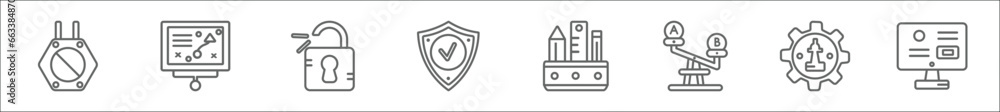 Poster outline set of startup line icons. linear vector icons such as restrict, strategy sketch, open padlo