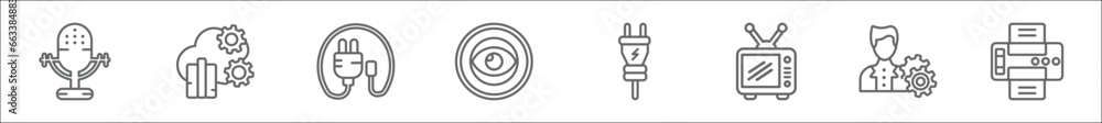 Poster outline set of technology line icons. linear vector icons such as big old microphone, cloud analysis