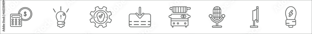 Poster outline set of technology line icons. linear vector icons such as calculations, light bulb idea, ide