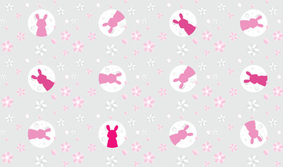 illustration silhouette pink rabbit on the moon with flower on grey background.