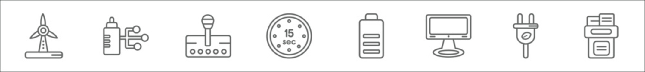 Fototapeta premium outline set of technology line icons. linear vector icons such as eolic, wired connection, transmission, digital number 15, baterry, big tv, ecologic electricity, file storage