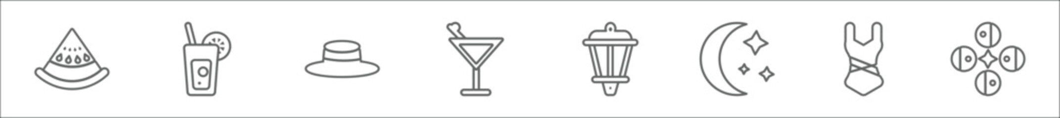 outline set of summer line icons. linear vector icons such as slice of melon, lime juice, summer hat, bar, lantern, moon, swimsuit, solstice