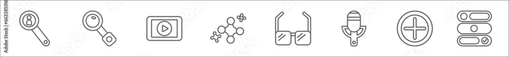 Poster outline set of user interface line icons. linear vector icons such as looking, magnifying glass sear