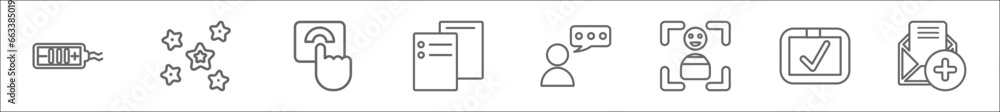Poster outline set of user interface line icons. linear vector icons such as battery medium charge, rounded