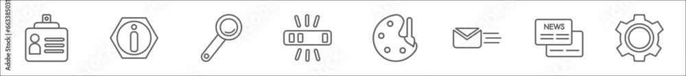 Poster outline set of user interface line icons. linear vector icons such as personal credentials, round in