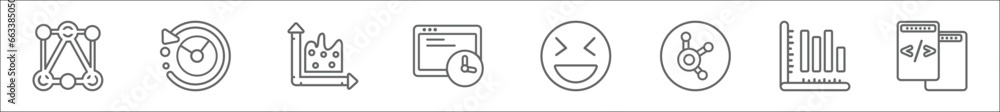 Poster outline set of user interface line icons. linear vector icons such as data interconnected, data anal
