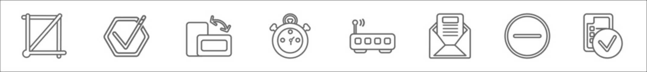 outline set of user interface line icons. linear vector icons such as crop button, tick box, switch orientation button, stopwatches, internet modem, letter envelope, rounded delete button with - obrazy, fototapety, plakaty