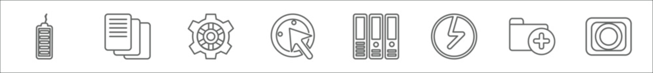 outline set of user interface line icons. linear vector icons such as battery loaded, multiple file, tings cog, check box with cursor, office folders, lightning flash, add folder button, square stop - obrazy, fototapety, plakaty