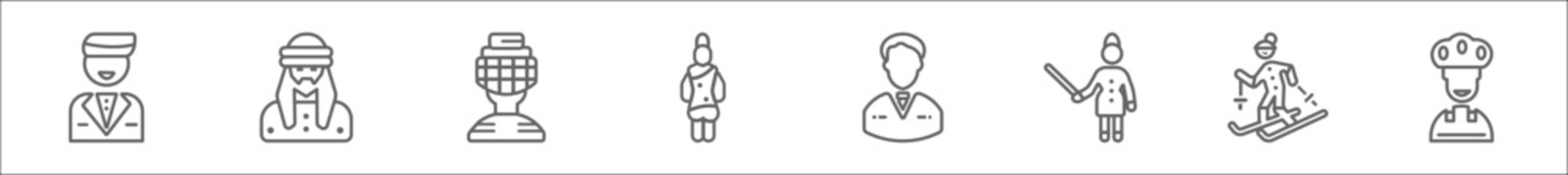 outline set of user line icons. linear vector icons such as groom avatar, arab man, catcher, thai, businessman briefcase, woman teaching, skier, baker