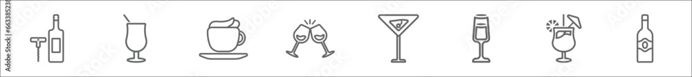 Poster outline set of drinks line icons. linear vector icons such as corkscrews and bottle of wine, tequila