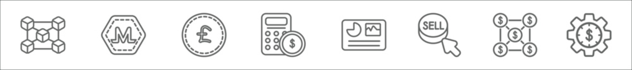 outline set of cryptocurrency economy line icons. linear vector icons such as chains, , pound sterling, budget accounting, crypto hash rate, sell, cryptocurrency, economy gear