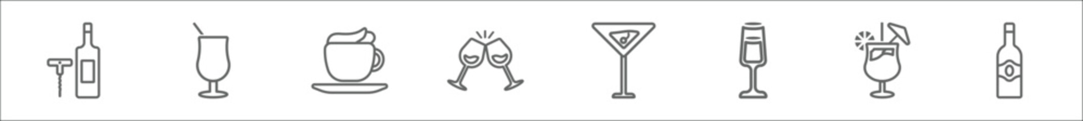 outline set of drinks line icons. linear vector icons such as corkscrews and bottle of wine, tequila sunrise, cappuccino, brindis with wine glasses, manhattan drink, pisco sour, mai tai, alcohol