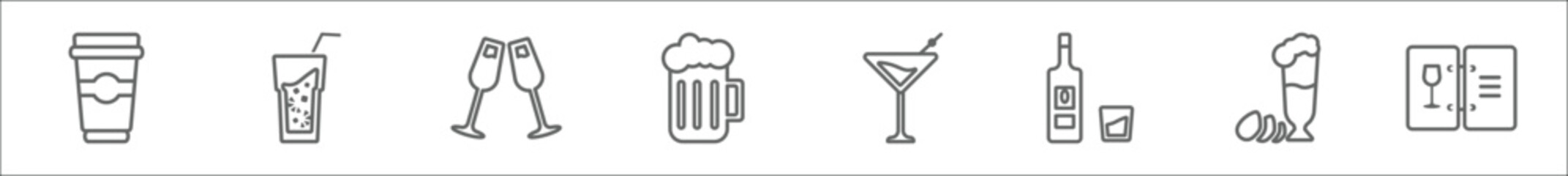 outline set of drinks line icons. linear vector icons such as paper cup, cuba libre, toast, pint of beer, martini, liquor, ham, wine list