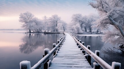 Naklejka premium Winter park, wooden frozen pier near the shore. Generation AI