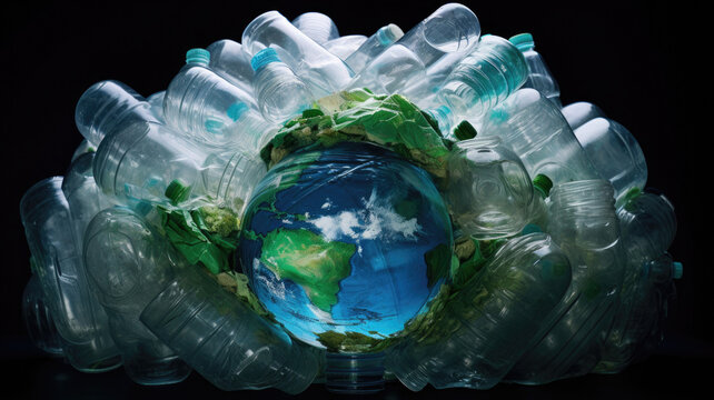 Planet Earth surrounded by plastic bottles in the outdoors. sustainability