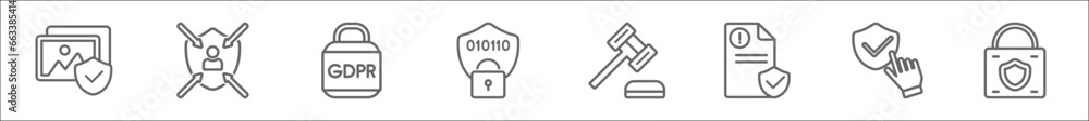 Poster outline set of gdpr line icons. linear vector icons such as photo, decision making, keylock, encrypt