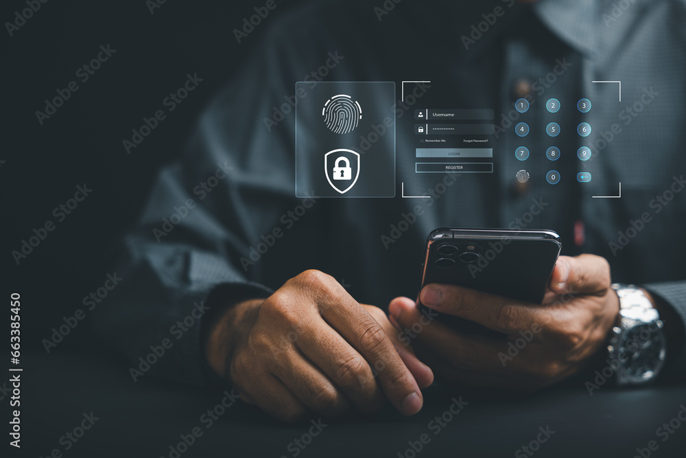 Poster unlock personal financial data with futuristic biometric fingerprint scanner on bobile phone. survei