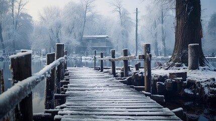 Obraz premium Winter park, wooden frozen pier near the shore. Generation AI