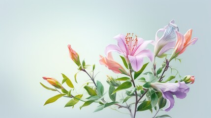 a bunch of flowers that are on a branch with leaves.  generative ai