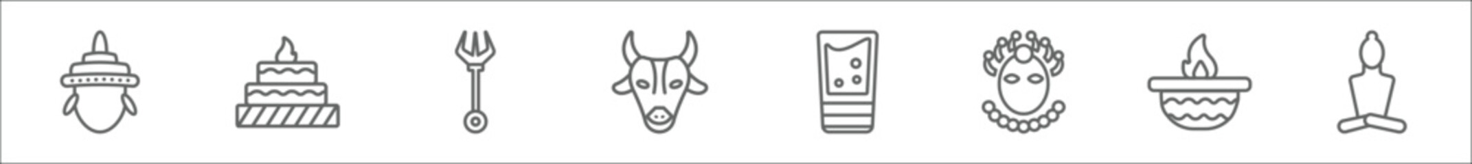 outline set of india line icons. linear vector icons such as sarai, yagna, trisul, indian cow, thandai, krishna janmashtami, oil lamp, buddhist